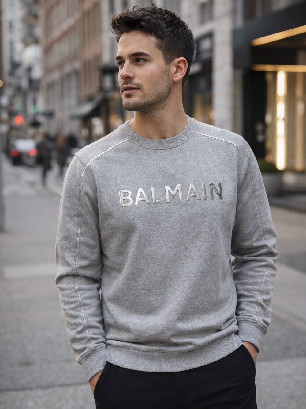 Balmain Paris Gray Embrossed Silver Crew Neck Sweatshirt S/M unisex